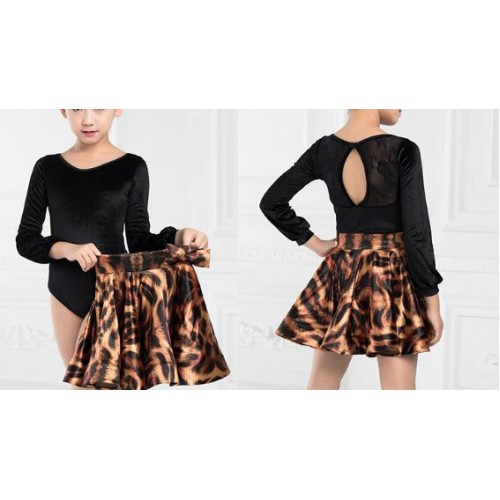 Kids latin dresses velvet with lace back leotard tops leopard skirt competition stage performance professional chacha rumba dress